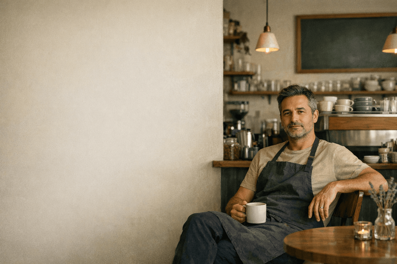 Local business owner relaxing in his cafe after the day is handled